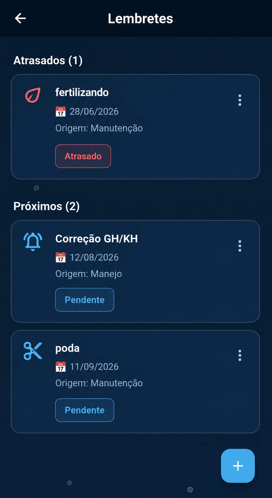 Tela de Lembretes do AquaNote