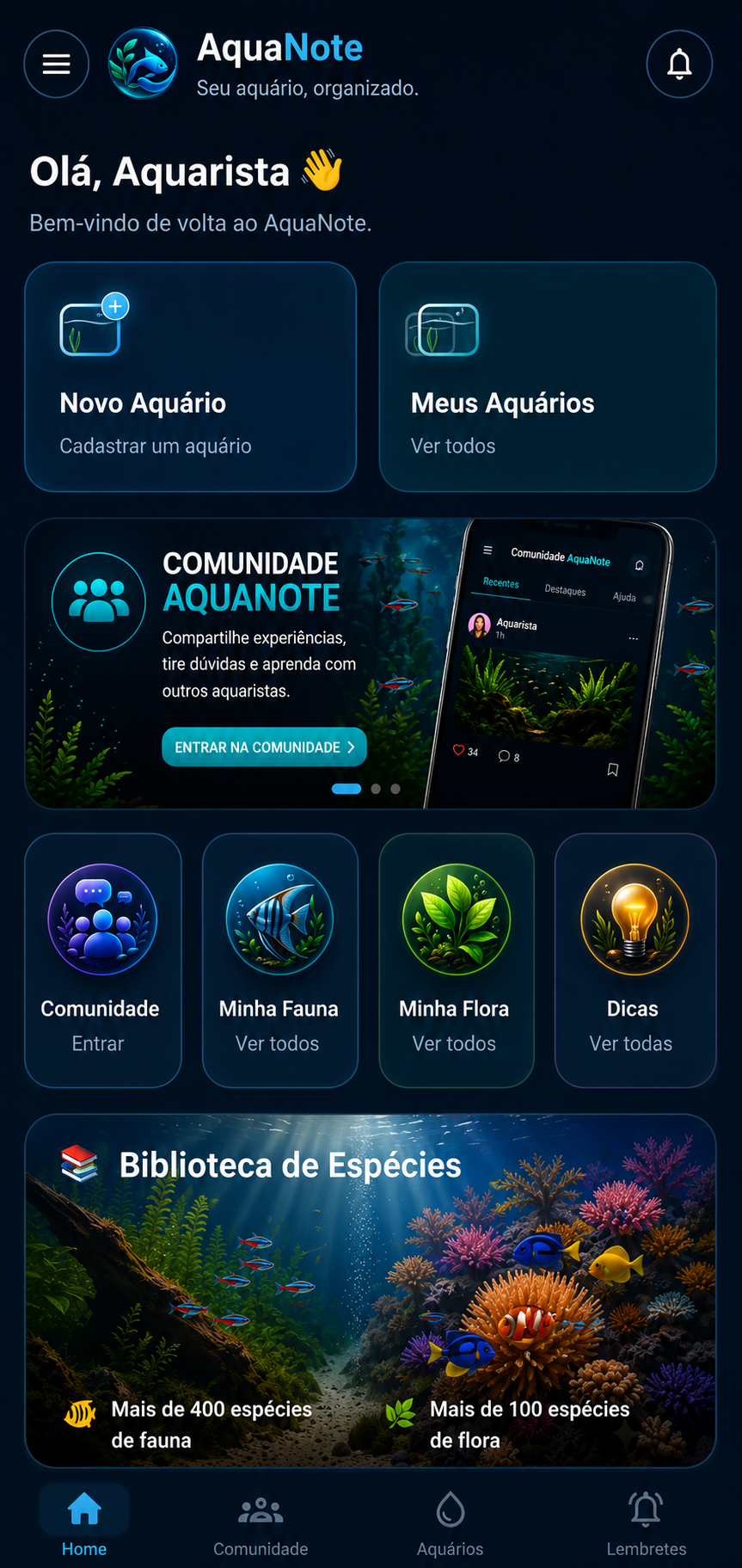 Tela Meus Aquários do AquaNote