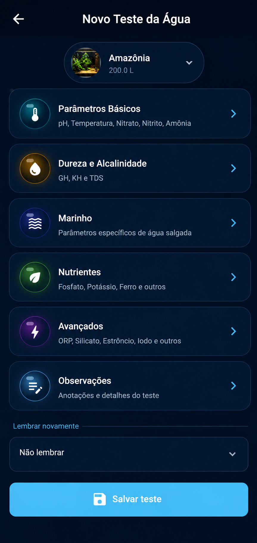 Tela de Testes da Água do AquaNote